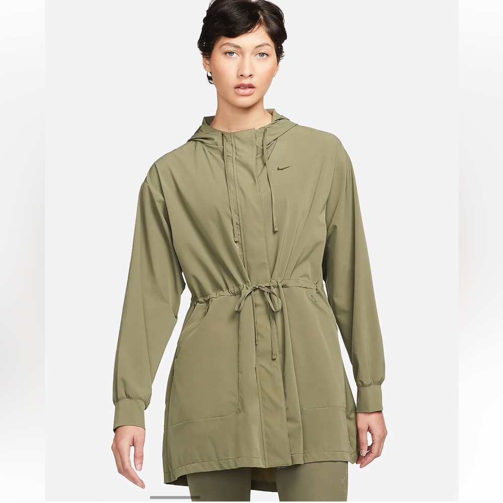 The Nike Dri-FIT Bliss Luxe Anorak Jacket color: Medium Olive/Clear